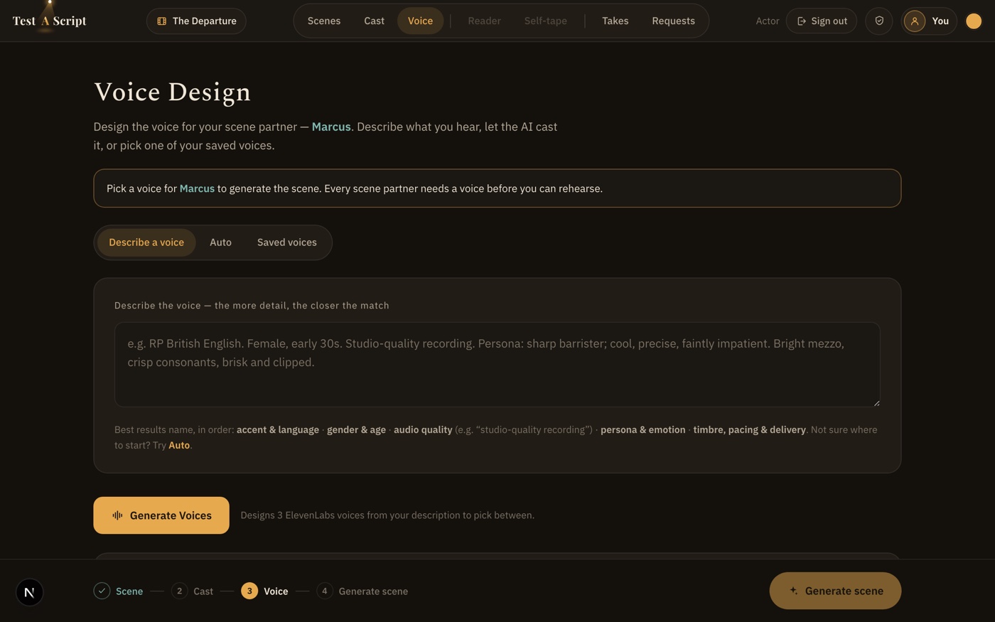 Voice Design — describe the voice of your scene partner